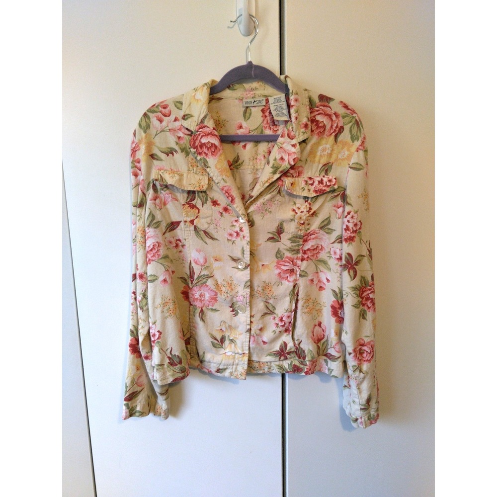 Womens Y2K Linen Blend Floral Jacket Blazer Size L 12/14 Cottage Boho